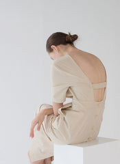 Elegant Backless Linen Midi Dress with Button-Down Detail and Short Sleeves