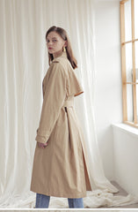 Longline Linen Blazer Coat with Waist Belt, Storm Flap, and Structured Shoulders for Women