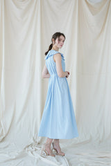 Sleeveless Pleated Linen Midi Dress with Ruffle Collar and Flowing A-Line Silhouette