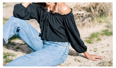 Linen Off-Shoulder Blouse with Drawstring Front and Cropped Hem