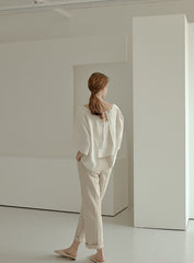Relaxed Fit Linen Blouse with Back Tie Detail and Soft Drape Silhouette