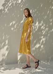 Short Sleeve Draped Waist Linen Dress With Relaxed Fit and Flowing Midi Skirt for Effortless Style