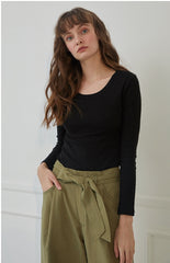 Fitted Long-Sleeve Cotton Top with Scoop Neckline for Layering and Everyday Styling