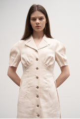 Tailored Linen Midi Dress with Button Front, Puff Sleeves, and Notched Lapel Collar