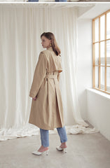 Longline Linen Blazer Coat with Waist Belt, Storm Flap, and Structured Shoulders for Women
