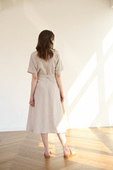 Belted Button-Down Midi Linen Dress with Short Sleeves and V-Neckline