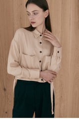 Cropped Linen Blazer with Side Tie Detail and Patch Pockets – Long Sleeve Button-Up for Women