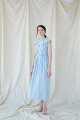 Sleeveless Pleated Linen Midi Dress with Ruffle Collar and Flowing A-Line Silhouette