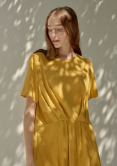 Short Sleeve Draped Waist Linen Dress With Relaxed Fit and Flowing Midi Skirt for Effortless Style