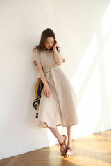 Belted Button-Down Midi Linen Dress with Short Sleeves and V-Neckline