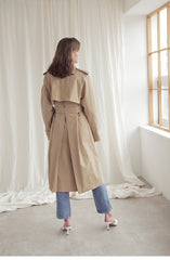 Longline Linen Blazer Coat with Waist Belt, Storm Flap, and Structured Shoulders for Women