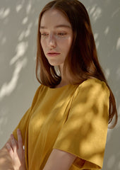 Short Sleeve Draped Waist Linen Dress With Relaxed Fit and Flowing Midi Skirt for Effortless Style