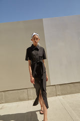 Button-Down Linen Midi Dress with Belted Waist, Short Sleeves and Structured Shirt Collar