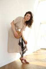Belted Button-Down Midi Linen Dress with Short Sleeves and V-Neckline