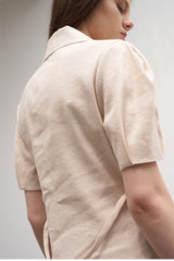 Tailored Linen Midi Dress with Button Front, Puff Sleeves, and Notched Lapel Collar