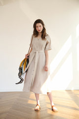Belted Button-Down Midi Linen Dress with Short Sleeves and V-Neckline
