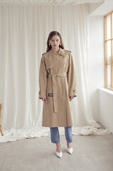 Longline Linen Blazer Coat with Waist Belt, Storm Flap, and Structured Shoulders for Women