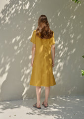 Short Sleeve Draped Waist Linen Dress With Relaxed Fit and Flowing Midi Skirt for Effortless Style