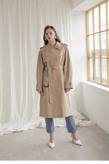 Longline Linen Blazer Coat with Waist Belt, Storm Flap, and Structured Shoulders for Women