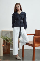 Linen Wrap Belted Blouse with Wide Collar and Puff Sleeves for Structured Everyday Elegance