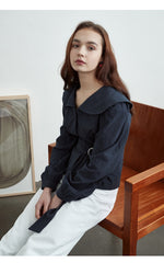 Linen Wrap Belted Blouse with Wide Collar and Puff Sleeves for Structured Everyday Elegance