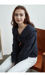 Linen Wrap Belted Blouse with Wide Collar and Puff Sleeves for Structured Everyday Elegance