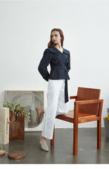 Linen Wrap Belted Blouse with Wide Collar and Puff Sleeves for Structured Everyday Elegance