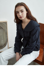 Linen Wrap Belted Blouse with Wide Collar and Puff Sleeves for Structured Everyday Elegance