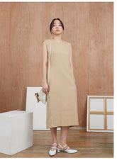 Sleeveless Linen Midi Dress With Back Vent And Relaxed Straight Silhouette