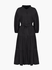 Button-Down Linen Midi Dress with Tiered Skirt and Belted Waist for Effortless Style