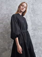 Button-Down Linen Midi Dress with Tiered Skirt and Belted Waist for Effortless Style