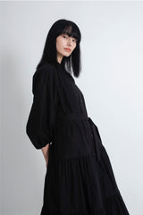 Button-Down Linen Midi Dress with Tiered Skirt and Belted Waist for Effortless Style