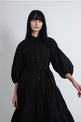 Button-Down Linen Midi Dress with Tiered Skirt and Belted Waist for Effortless Style