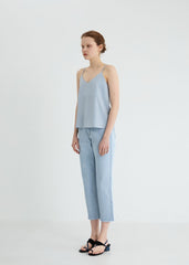 Linen Blend V-Neck Cami Top with Adjustable Double Back Straps for Women