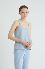 Linen Blend V-Neck Cami Top with Adjustable Double Back Straps for Women