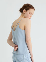 Linen Blend V-Neck Cami Top with Adjustable Double Back Straps for Women