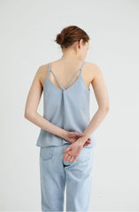 Linen Blend V-Neck Cami Top with Adjustable Double Back Straps for Women
