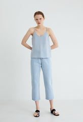 Linen Blend V-Neck Cami Top with Adjustable Double Back Straps for Women