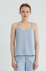 Linen Blend V-Neck Cami Top with Adjustable Double Back Straps for Women