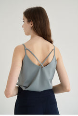 Minimalist V-Neck Linen Camisole Top with Adjustable Double Straps for Everyday Elegance