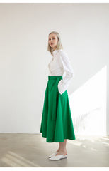 High-Waisted A-Line Linen Skirt With Belted Waist And Flared Hem