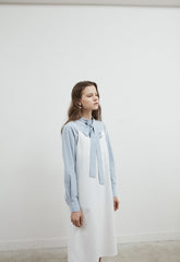 Relaxed Fit Linen Blouse with Tie Neck and Button-Down Front for Effortless Elegance