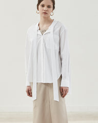 Button-Up Relaxed Fit Linen Shirt with Long Sleeves and Tie Neck Detail for Women