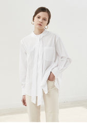 Button-Up Relaxed Fit Linen Shirt with Long Sleeves and Tie Neck Detail for Women