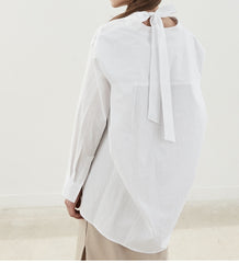 Button-Up Relaxed Fit Linen Shirt with Long Sleeves and Tie Neck Detail for Women