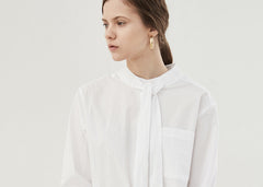 Button-Up Relaxed Fit Linen Shirt with Long Sleeves and Tie Neck Detail for Women