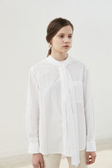 Button-Up Relaxed Fit Linen Shirt with Long Sleeves and Tie Neck Detail for Women
