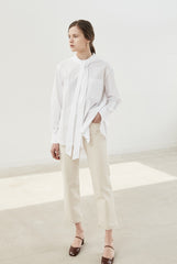 Button-Up Relaxed Fit Linen Shirt with Long Sleeves and Tie Neck Detail for Women
