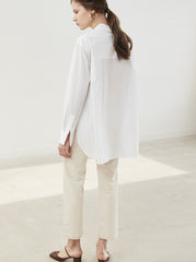 Button-Up Relaxed Fit Linen Shirt with Long Sleeves and Tie Neck Detail for Women