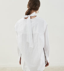 Button-Up Relaxed Fit Linen Shirt with Long Sleeves and Tie Neck Detail for Women